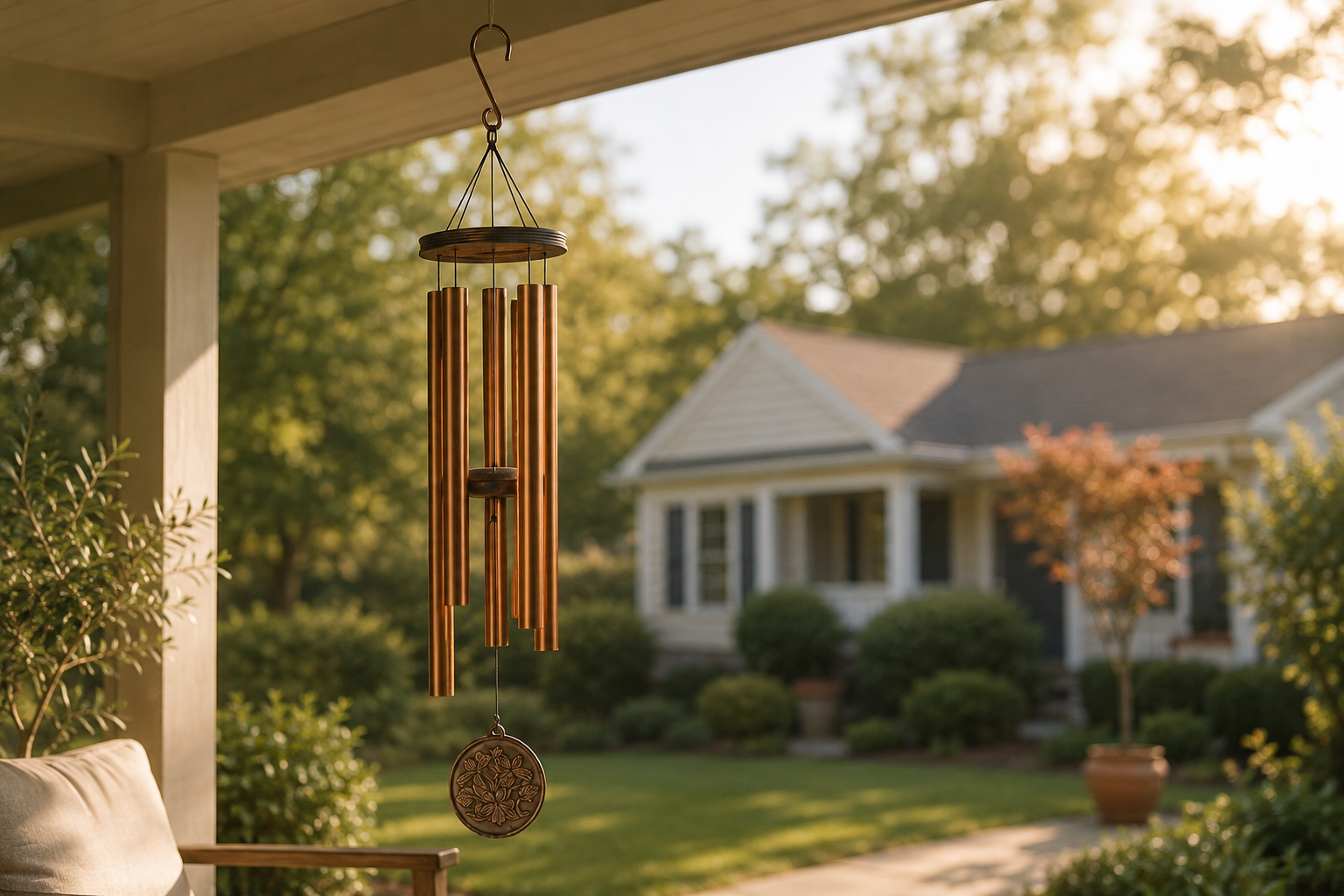 A Nature's Melody wind chime hanging on a sunlit porch